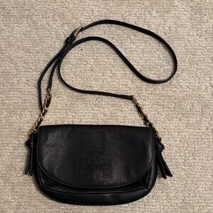 Tory Burch Harper Black Leather Crossbody Bag Purse Gold Chan Strap